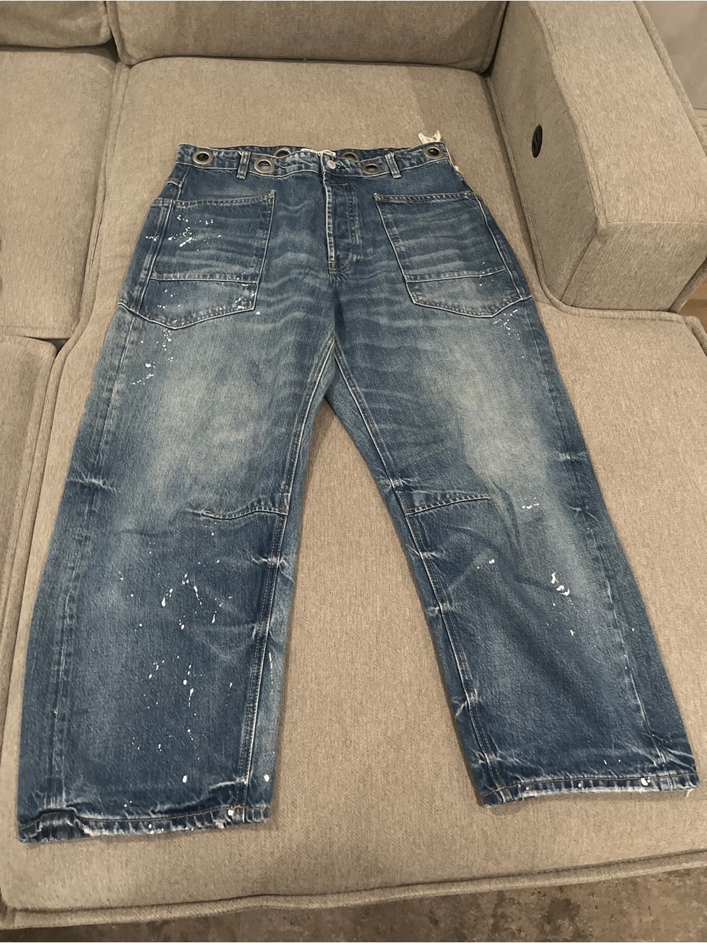 We The Free People Women’s Relaxed Blue Washed Paint-Splatter Jeans